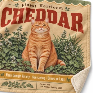 Close-up of the Vintage Seed Packet Cat Blanket print showing the cat's fur detail and the plush fleece