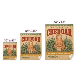 The Vintage Seed Packet Cat Blanket in 30" x 40" and 50" x 60" and 60" x 80" sizes side by side
