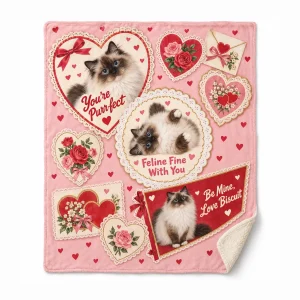 Valentine's cat blanket – Vintage Valentine Card Cat Blanket with a seal-point Ragdoll and the text "You're Purr-fect", "Feline Fine With You", "Be Mine, Love Biscuit", product photo on a white background