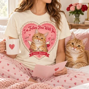 Vintage Valentine Card Cat T-Shirt styled in a lifestyle scene – a woman wearing the cream tee sits on a bed with a mug and a handwritten card, soft morning window light, a small vase of roses on the far nightstand