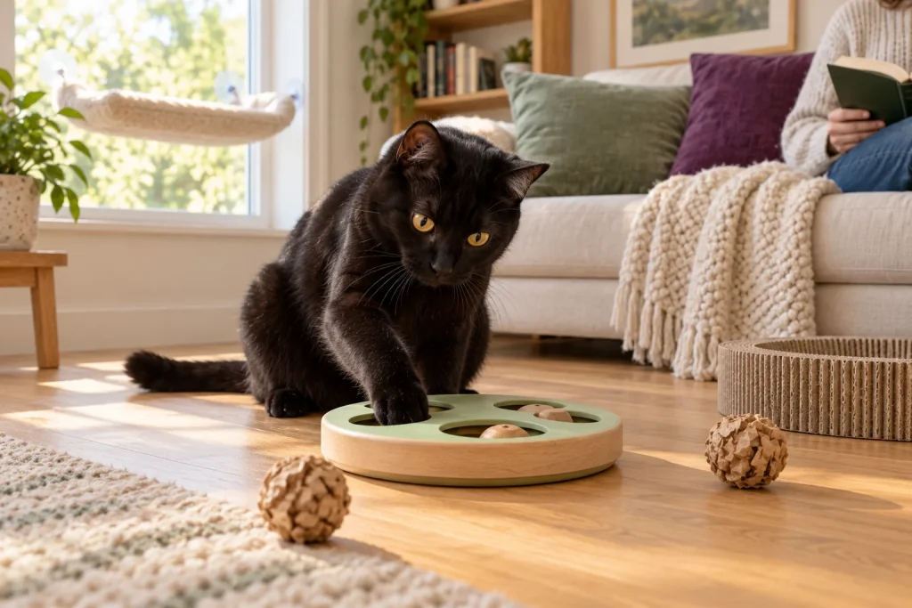Black cat pawing at a treat puzzle feeder on the floor near paper crinkle balls and a round cardboard scratcher
