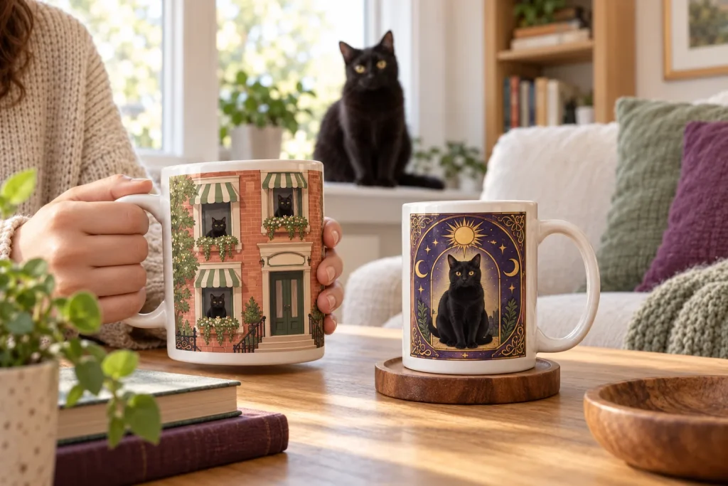 Hands holding a personalized multi-cat apartment mug beside a tarot card cat mug as a black cat watches