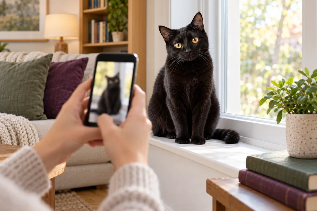 Hands taking a smartphone photo of a black cat at eye level on a sunny windowsill for a custom gift