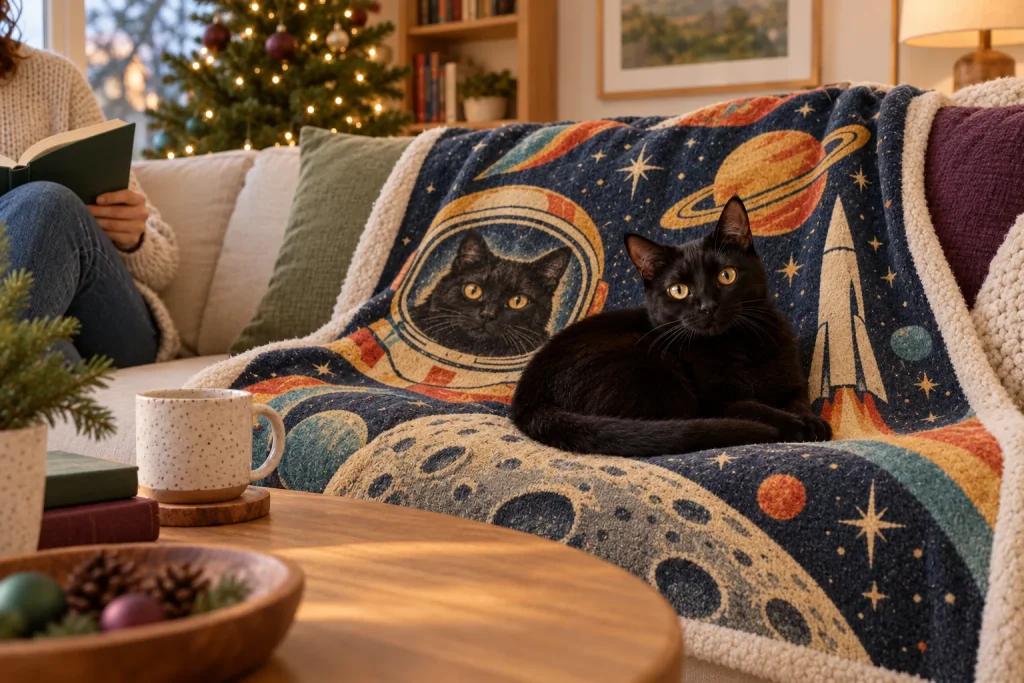 Black cat resting on a retro space cat blanket with an astronaut-helmet cat portrait, a Christmas tree glowing behind