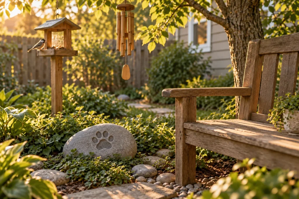 Cat memorial garden stone with a carved paw print near a wooden bench, bird feeder and wind chime at sunset