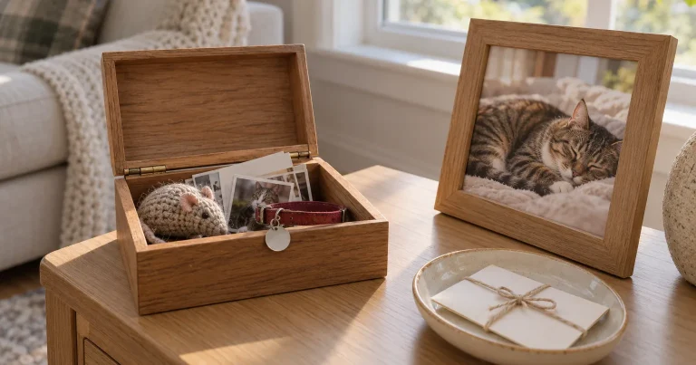 Cat memorial box holding a red collar, knitted toy mouse and photos beside a framed photo of a sleeping tabby