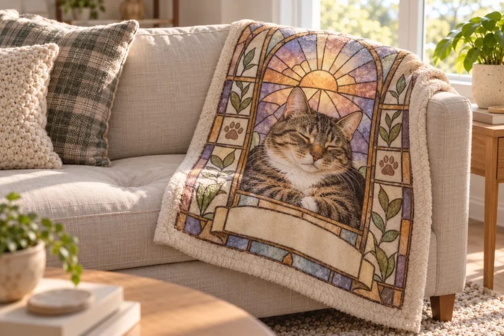 Stained-glass cat memorial blanket with a sleeping tabby portrait draped over a linen sofa arm in sunlight