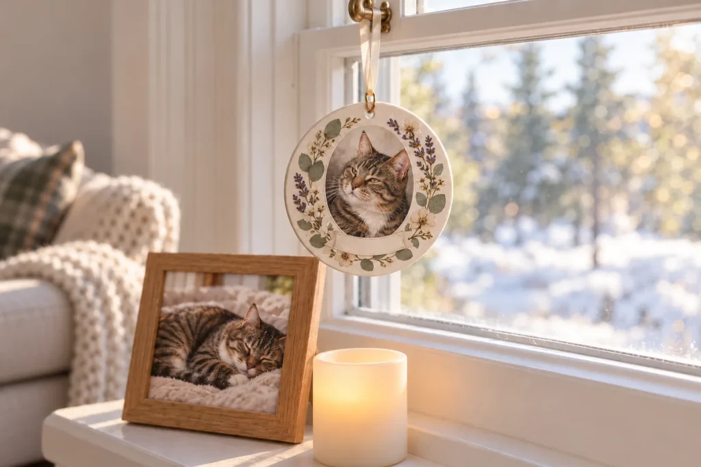Cat memorial wreath ornament with a tabby portrait hanging in a snowy window above a flameless candle and photo