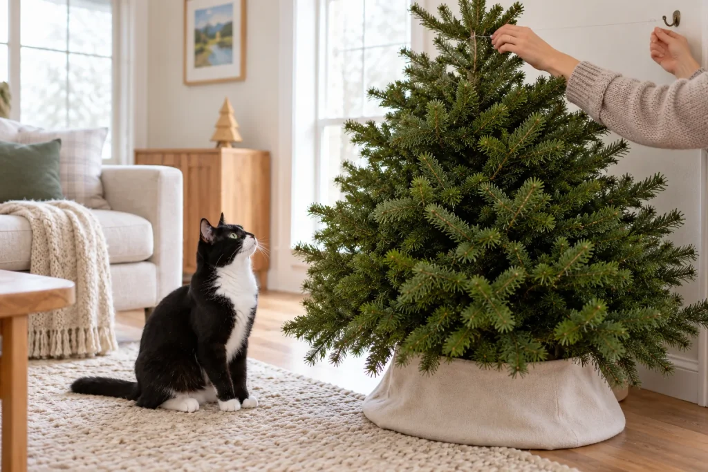 Hands anchoring an undecorated Christmas tree to a wall hook with clear fishing line as a tuxedo cat watches