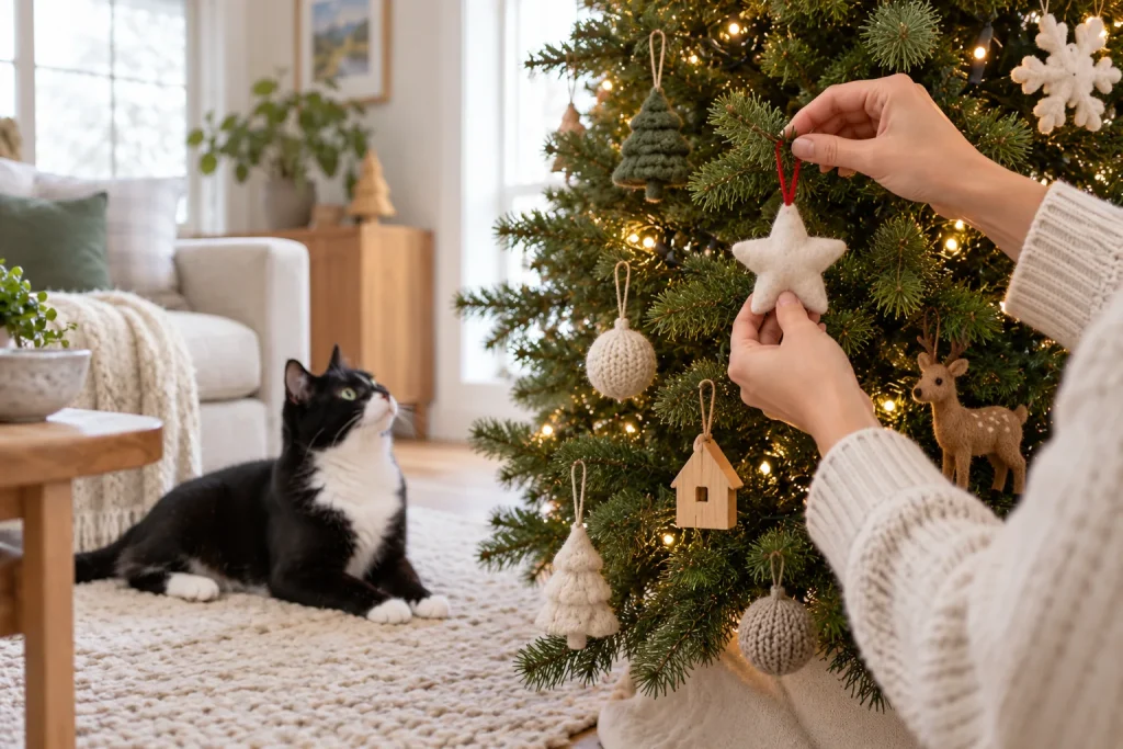 Hands hanging a felt star ornament on a cat-proof Christmas tree while a tuxedo cat watches from the rug