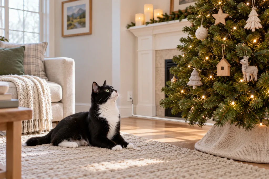 Tuxedo cat lying near the Christmas tree, its light cord run through a cord protector, flameless candles on the mantel