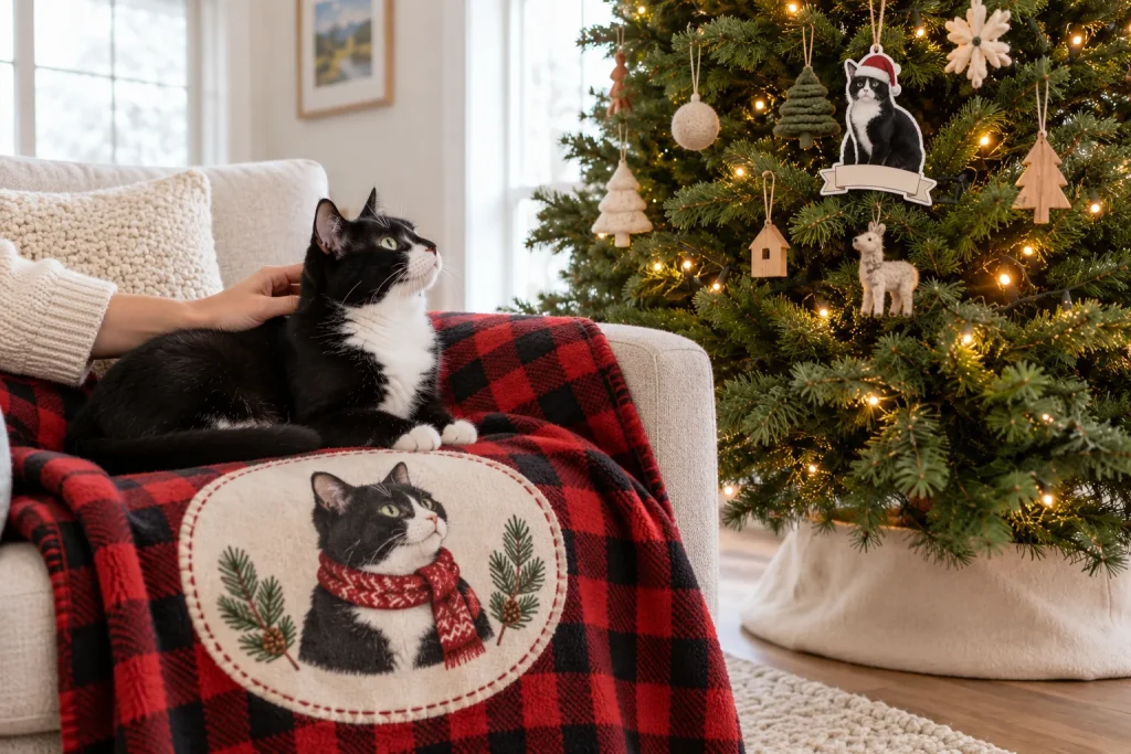 Tuxedo cat on a buffalo plaid Christmas blanket printed with its portrait, its photo ornament hanging on the tree