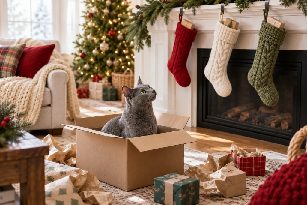 Russian Blue cat sitting in an empty cardboard box among opened Christmas gifts