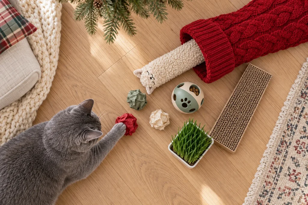 Russian Blue cat batting a crinkle ball among cat stocking stuffers: kicker toy, treat ball, cat grass and scratch pad