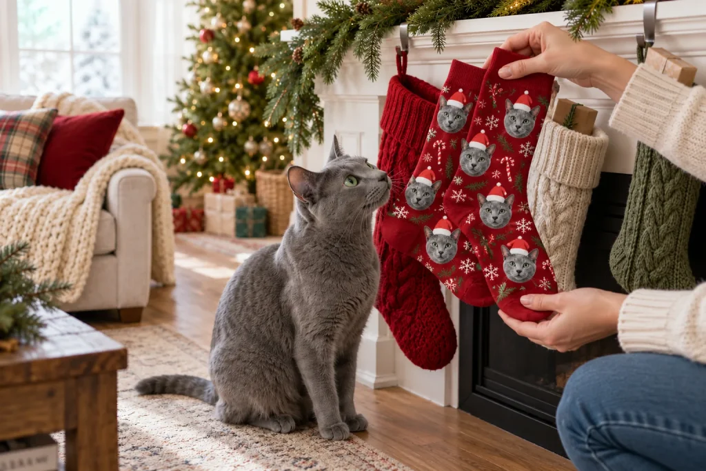 Hands holding up red Christmas cat face socks by the mantel as a Russian Blue cat sniffs them