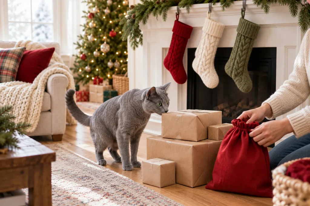 Russian Blue cat sniffing gifts in plain kraft paper with no ribbon while hands fill a red fabric gift bag