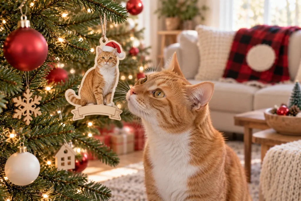 Orange tabby cat gazing up at its own cut-out photo ornament with a tiny Santa hat on the Christmas tree
