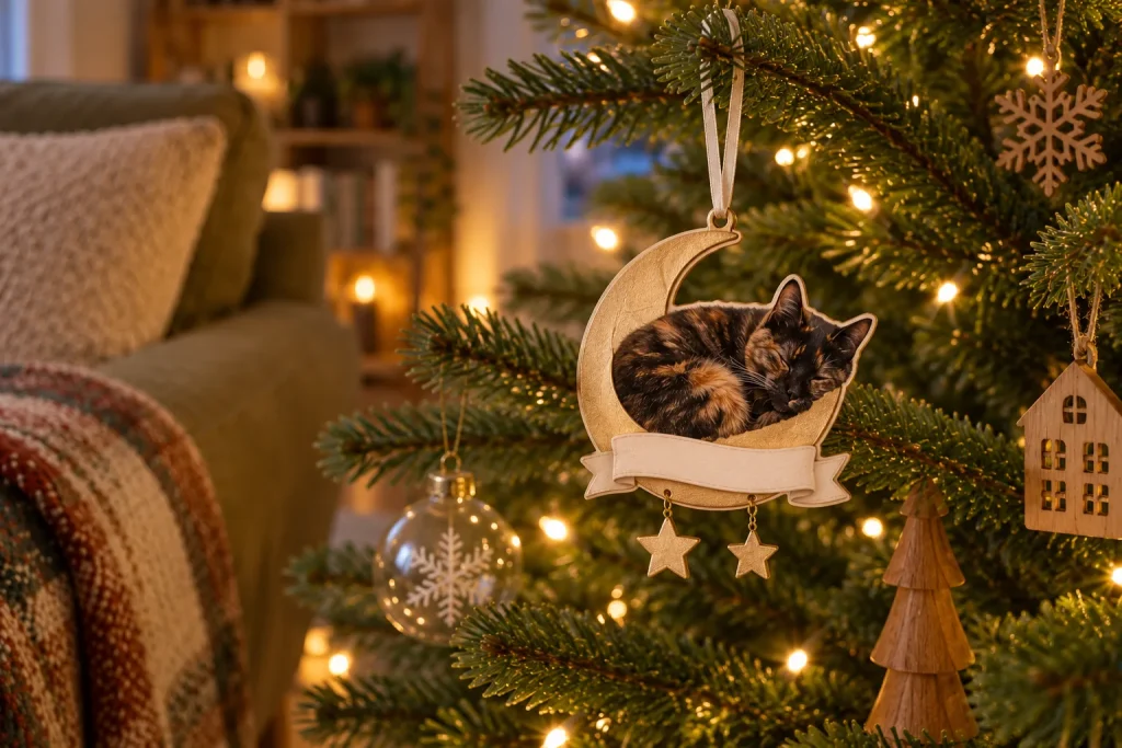 Cat on the moon memorial ornament with a sleeping tortoiseshell cat hanging on a lit Christmas tree