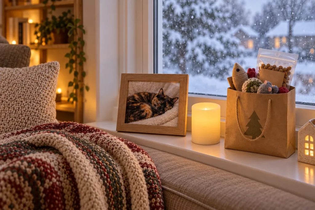 Snowy windowsill with a framed tortoiseshell cat photo, flameless candle and a bag of toys and treats for a shelter