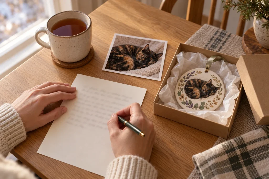 Hands writing a letter beside tea, a photo of a sleeping tortoiseshell cat and a boxed memorial ornament